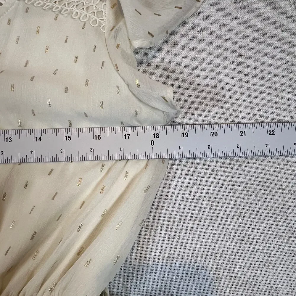 Sweet Wanderer Boho Midi Dress Cream Ruffle Sleeve Tie Waist Gold Size L - Picture 5 of 8